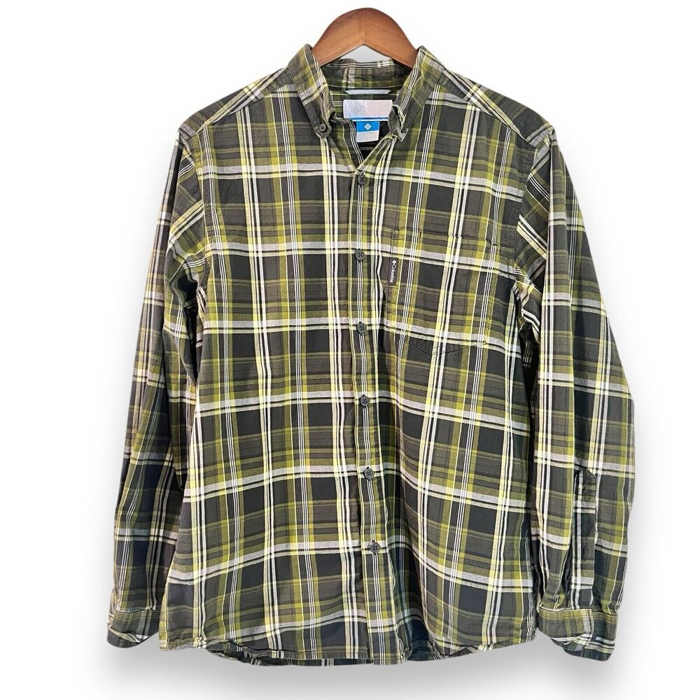 Columbia Shirt Mens S Green Plaid Long Sleeve Cotton Hiking Camping Button Up